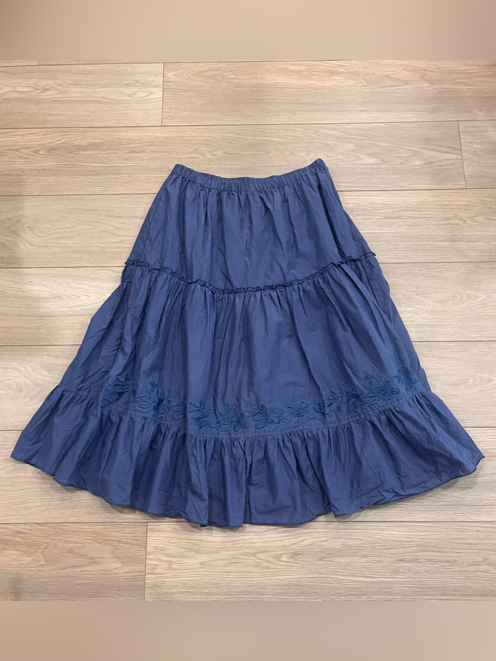 Vintage Blue Embroidered Tiered Midi Skirt Women M Cottagecore